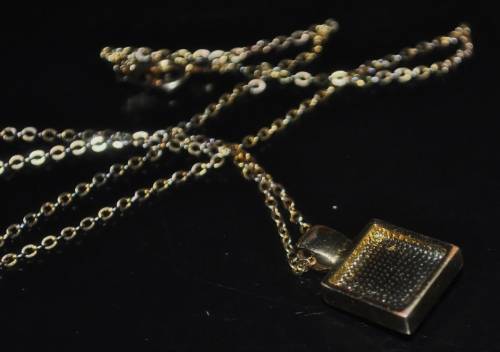 Vintage Gold Tone Square Pendant Necklace with Amber and Clear Crystal Stones