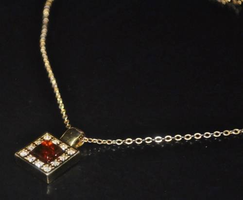 Vintage Gold Tone Square Pendant Necklace with Amber and Clear Crystal Stones