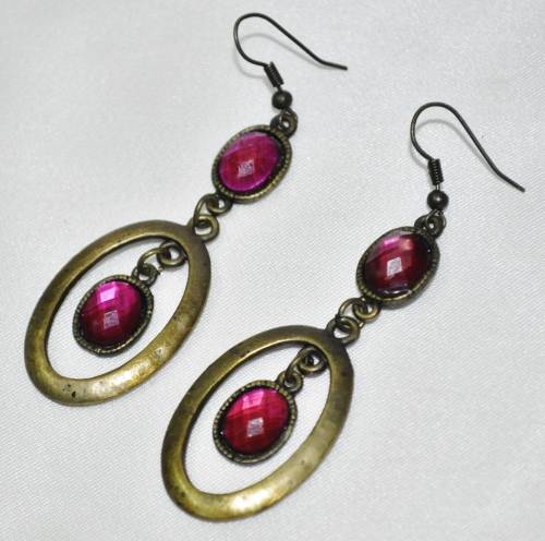 Vintage Drop and Dangle Brass Oval Hoops with Faceted Dark Pink Crystal Stones