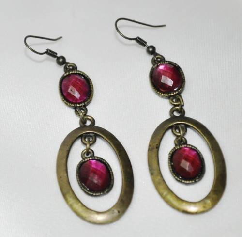 Vintage Drop and Dangle Brass Oval Hoops with Faceted Dark Pink Crystal Stones