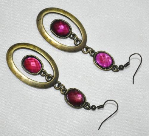 Vintage Drop and Dangle Brass Oval Hoops with Faceted Dark Pink Crystal Stones
