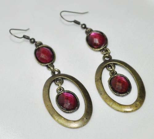 Vintage Drop and Dangle Brass Oval Hoops with Faceted Dark Pink Crystal Stones