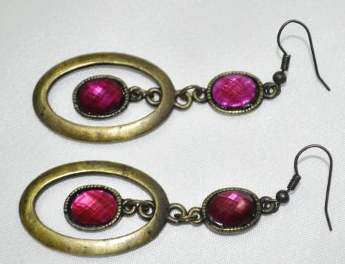 Vintage Drop and Dangle Brass Oval Hoops with Faceted Dark Pink Crystal Stones