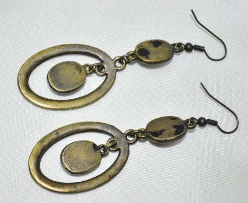 Vintage Drop and Dangle Brass Oval Hoops with Faceted Dark Pink Crystal Stones