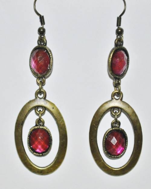 Vintage Drop and Dangle Brass Oval Hoops with Faceted Dark Pink Crystal Stones