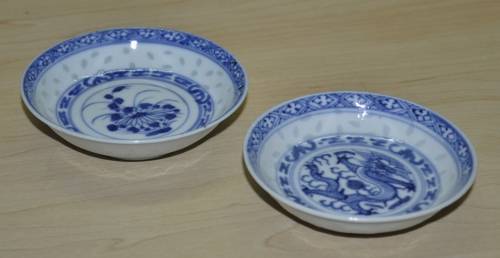 Pair of Vintage Chinese Blue and White Hand Painted Rice Grain Pattern Footed Bowls