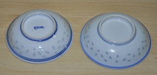 Pair of Vintage Chinese Blue and White Hand Painted Rice Grain Pattern Footed Bowls