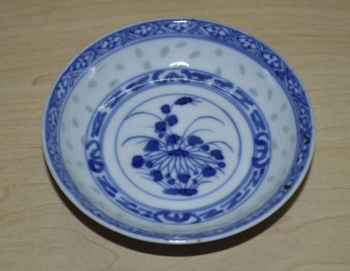 Pair of Vintage Chinese Blue and White Hand Painted Rice Grain Pattern Footed Bowls