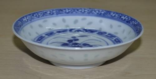 Pair of Vintage Chinese Blue and White Hand Painted Rice Grain Pattern Footed Bowls