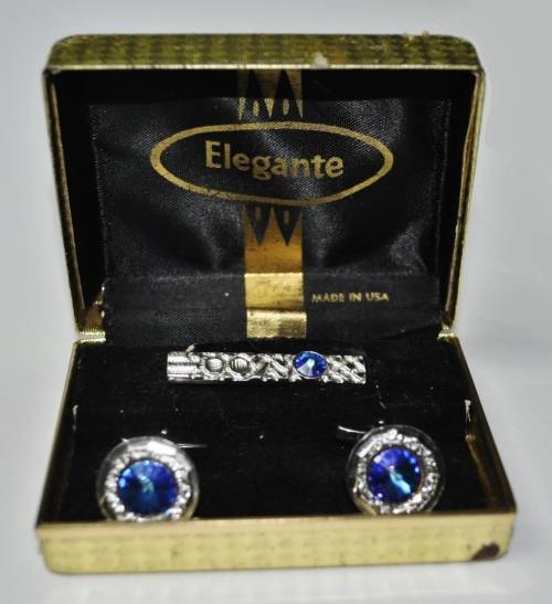 Vintage Silver Tone and Blue Crystal Cufflinks and Tie Bar Set by Elegante in Original Box USA Made