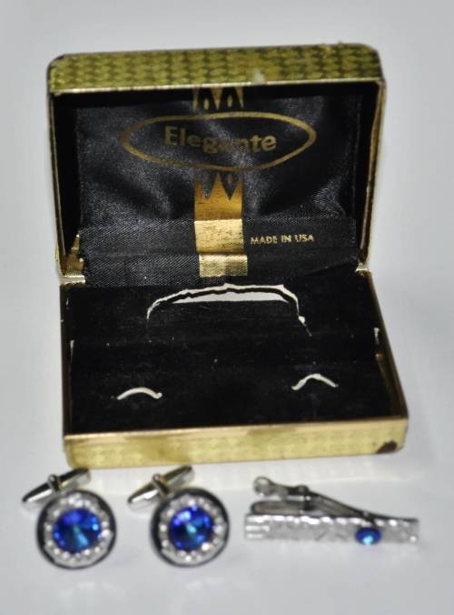 Vintage Silver Tone and Blue Crystal Cufflinks and Tie Bar Set by Elegante in Original Box USA Made