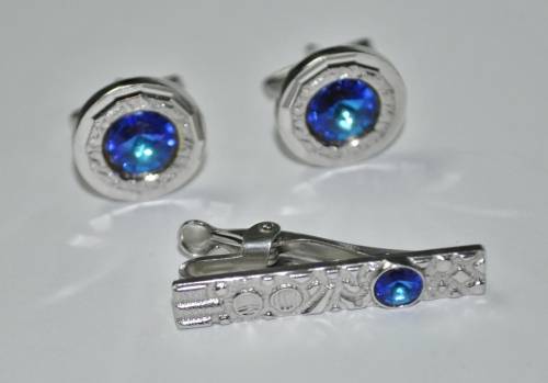 Vintage Silver Tone and Blue Crystal Cufflinks and Tie Bar Set by Elegante in Original Box USA Made