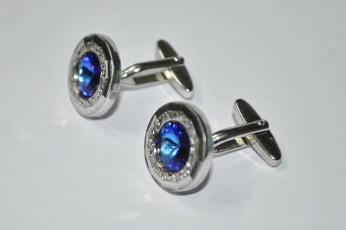 Vintage Silver Tone and Blue Crystal Cufflinks and Tie Bar Set by Elegante in Original Box USA Made
