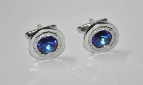 Vintage Silver Tone and Blue Crystal Cufflinks and Tie Bar Set by Elegante in Original Box USA Made
