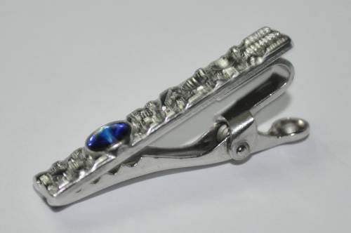 Vintage Silver Tone and Blue Crystal Cufflinks and Tie Bar Set by Elegante in Original Box USA Made