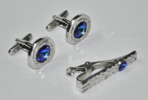 Vintage Silver Tone and Blue Crystal Cufflinks and Tie Bar Set by Elegante in Original Box USA Made