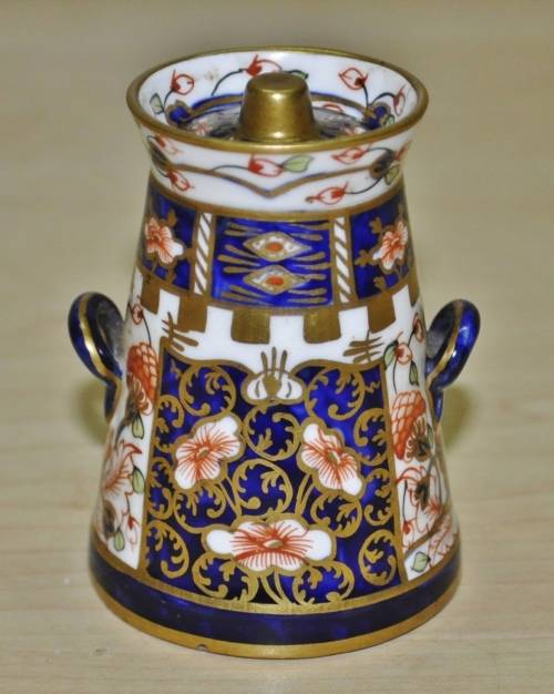 Antique Royal Crown Derby Imari Pattern 6299, Derby Witches, Miniature Butter Churn, dated 1912