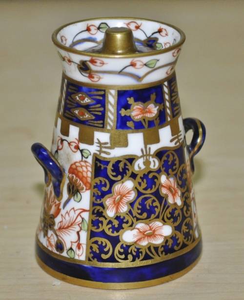 Antique Royal Crown Derby Imari Pattern 6299, Derby Witches, Miniature Butter Churn, dated 1912