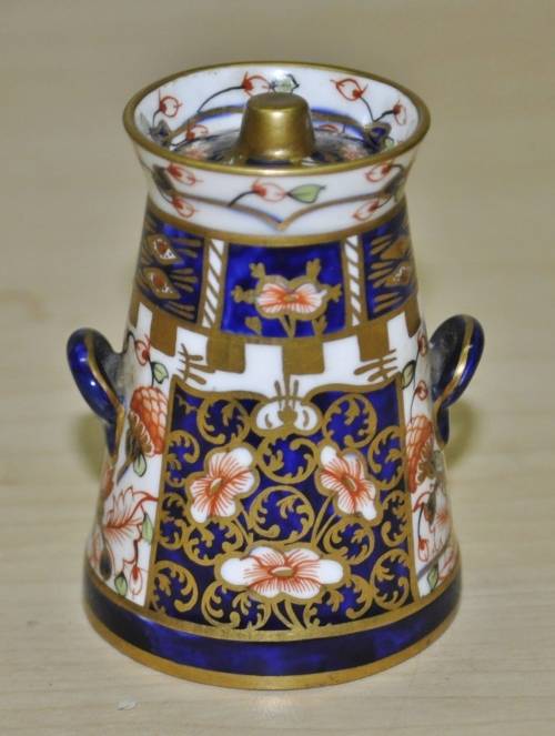 Antique Royal Crown Derby Imari Pattern 6299, Derby Witches, Miniature Butter Churn, dated 1912