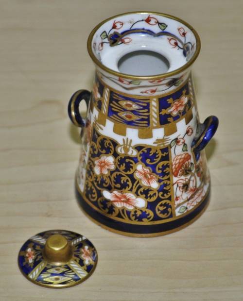 Antique Royal Crown Derby Imari Pattern 6299, Derby Witches, Miniature Butter Churn, dated 1912