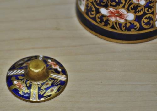 Antique Royal Crown Derby Imari Pattern 6299, Derby Witches, Miniature Butter Churn, dated 1912