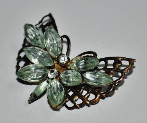 Vintage Brass Butterfly with Green Faceted Celluloid Crystal and Rhinestone Brooch Pin