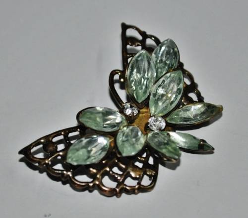 Vintage Brass Butterfly with Green Faceted Celluloid Crystal and Rhinestone Brooch Pin