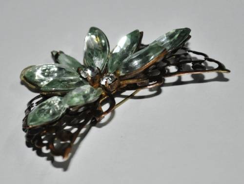 Vintage Brass Butterfly with Green Faceted Celluloid Crystal and Rhinestone Brooch Pin