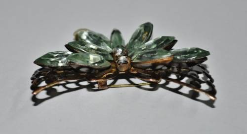 Vintage Brass Butterfly with Green Faceted Celluloid Crystal and Rhinestone Brooch Pin
