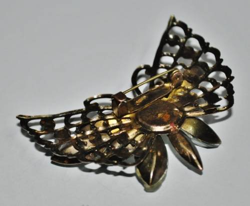Vintage Brass Butterfly with Green Faceted Celluloid Crystal and Rhinestone Brooch Pin