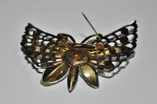 Vintage Brass Butterfly with Green Faceted Celluloid Crystal and Rhinestone Brooch Pin