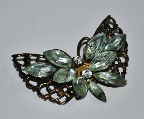 Vintage Brass Butterfly with Green Faceted Celluloid Crystal and Rhinestone Brooch Pin