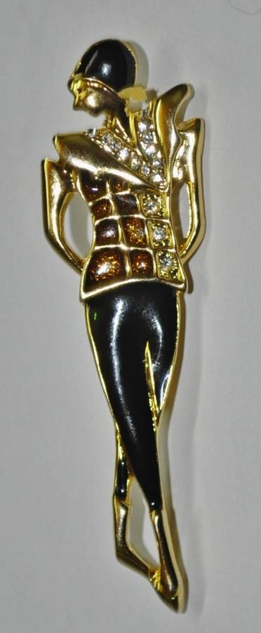 Vintage Gold Tone Art Deco Style Enamel and Rhinestone Figural Woman Brooch Pin