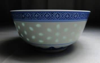 Vintage Chinese Porcelain Translucent Rice Grain Blue and White Dragon Bowl