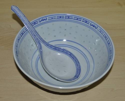 Vintage Chinese Porcelain Translucent Rice Grain Blue and White Flower Serving Bowl with Soup Spoon