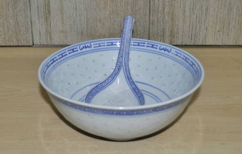 Vintage Chinese Porcelain Translucent Rice Grain Blue and White Flower Serving Bowl with Soup Spoon