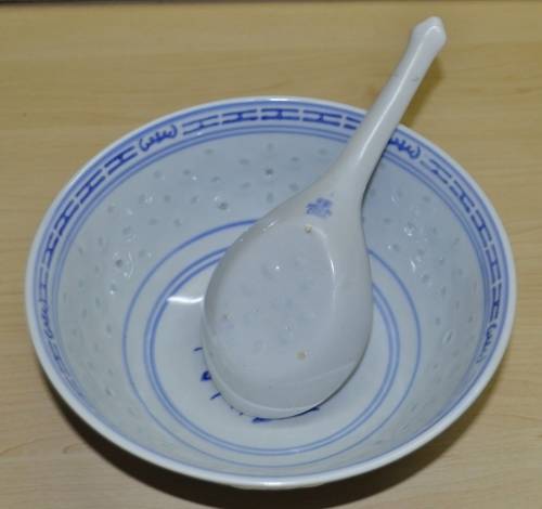 Vintage Chinese Porcelain Translucent Rice Grain Blue and White Flower Serving Bowl with Soup Spoon