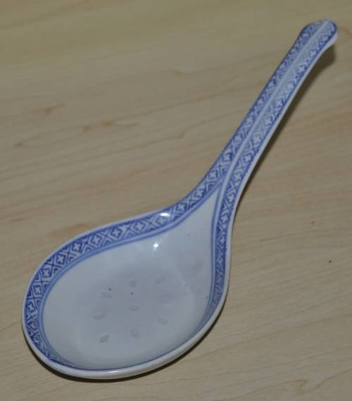 Vintage Chinese Porcelain Translucent Rice Grain Blue and White Flower Serving Bowl with Soup Spoon