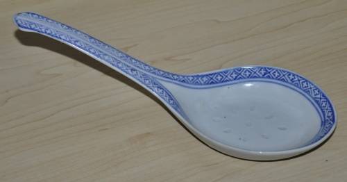 Vintage Chinese Porcelain Translucent Rice Grain Blue and White Flower Serving Bowl with Soup Spoon