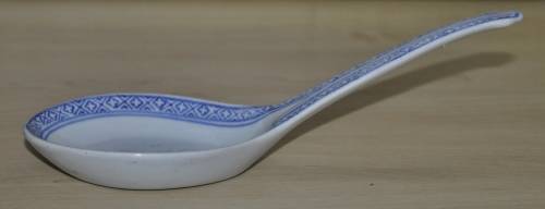 Vintage Chinese Porcelain Translucent Rice Grain Blue and White Flower Serving Bowl with Soup Spoon