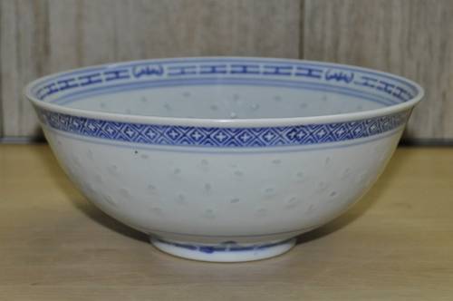 Vintage Chinese Porcelain Translucent Rice Grain Blue and White Flower Serving Bowl with Soup Spoon