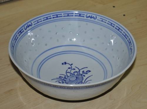 Vintage Chinese Porcelain Translucent Rice Grain Blue and White Flower Serving Bowl with Soup Spoon