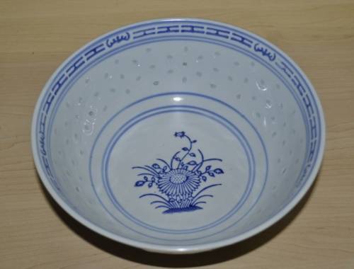 Vintage Chinese Porcelain Translucent Rice Grain Blue and White Flower Serving Bowl with Soup Spoon