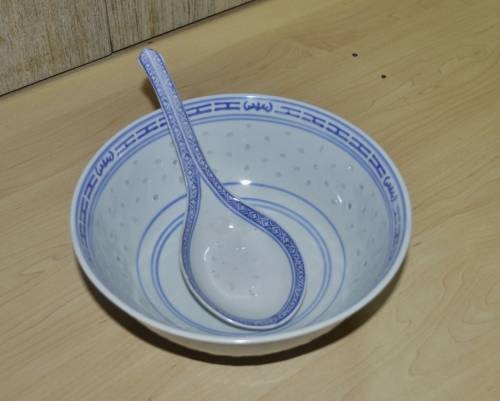 Vintage Chinese Porcelain Translucent Rice Grain Blue and White Flower Serving Bowl with Soup Spoon