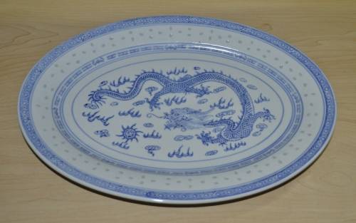 Vintage Chinese Porcelain Translucent Rice Grain Blue and White Dragon Serving Platter
