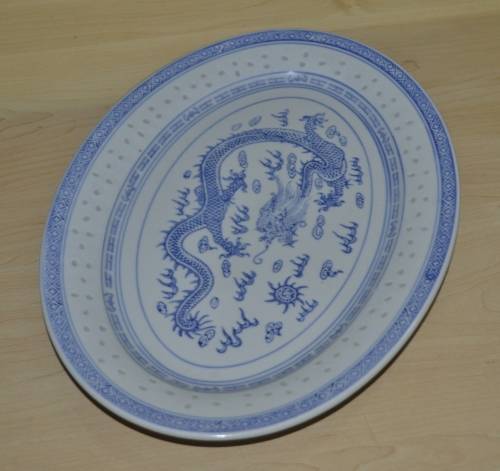 Vintage Chinese Porcelain Translucent Rice Grain Blue and White Dragon Serving Platter