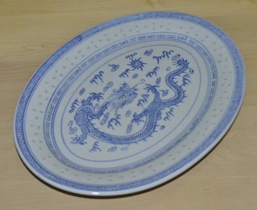 Vintage Chinese Porcelain Translucent Rice Grain Blue and White Dragon Serving Platter