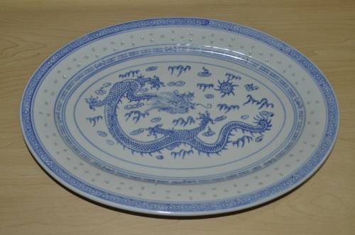 Vintage Chinese Porcelain Translucent Rice Grain Blue and White Dragon Serving Platter