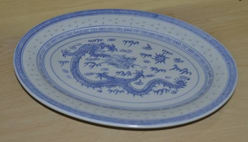 Vintage Chinese Porcelain Translucent Rice Grain Blue and White Dragon Serving Platter