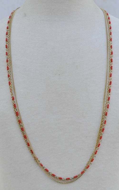 Vintage Gilt Metal Three Strand Chains and Faux Coral Beads Necklace